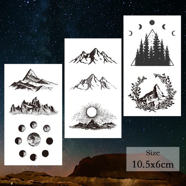 62 Sheets Mountain Temporary Tattoos Stickers, Including Fake Tattoos Waterproof Black Geometry Sun Star Moon Tree Triangle Sea Wave Semi Permanent Tattoos for Adult and Kids