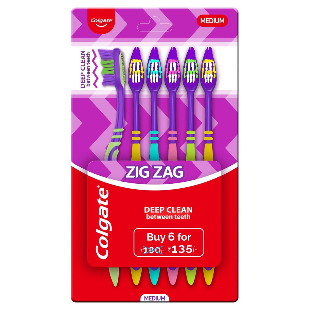 Manual, Adult Zigzag Toothbrush, Pack Of 6 Medium Multicolour Soft Tooth Brush & Strong Teeth Cavity Protection Toothpaste, Calcium Boost, 700Gm Saver Pack, India's No.1 Toothpaste