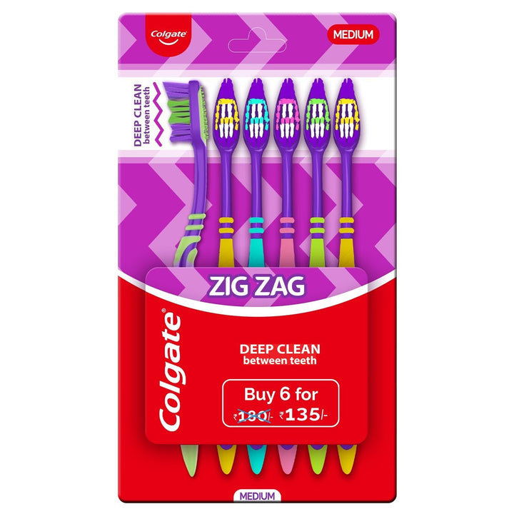 Manual, Adult Zigzag Toothbrush, Pack Of 6 Medium Multicolour Soft Tooth Brush & Strong Teeth Cavity Protection Toothpaste, Calcium Boost, 700Gm Saver Pack, India's No.1 Toothpaste