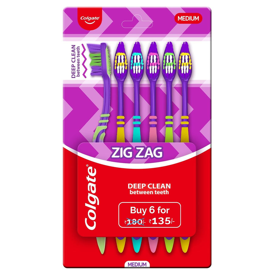 Manual, Adult Zigzag Toothbrush, Pack Of 6 Medium Multicolour Soft Tooth Brush & Strong Teeth Cavity Protection Toothpaste, Calcium Boost, 700Gm Saver Pack, India's No.1 Toothpaste