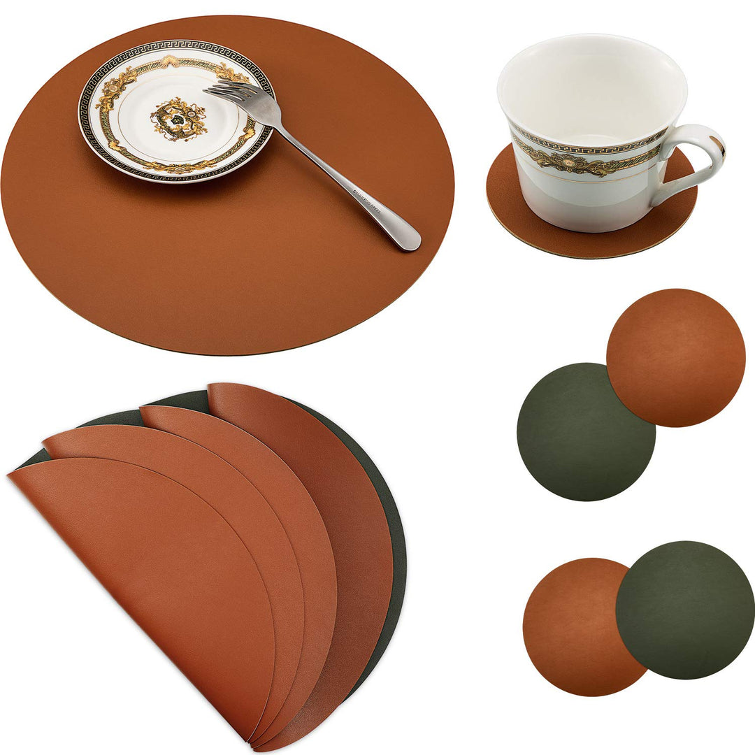 8 Pieces Round Leather Placemat and Coasters Set, PU Waterproof Place Mat Heat Resistant Non-Slip Washable Mats for Kitchen Dining Table (Brown, Dark Green)