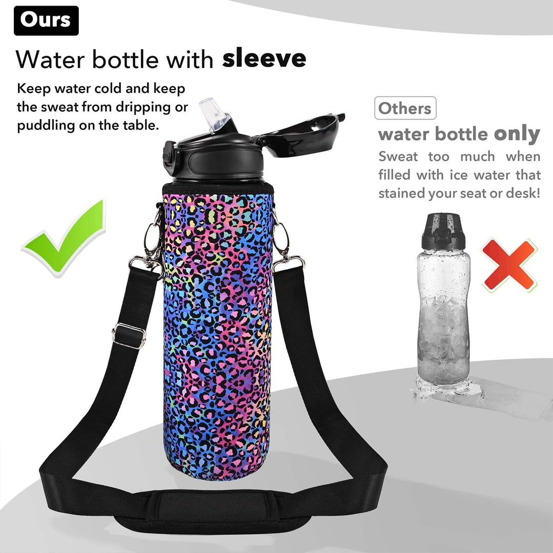 32 oz Water Bottle with Strap Sleeve, Durable Water Bottle with Times to Drink and Straw, Leakproof BPA & Toxic Free, Insulated Water Bottle for Men Women Gym Sports Outdoors