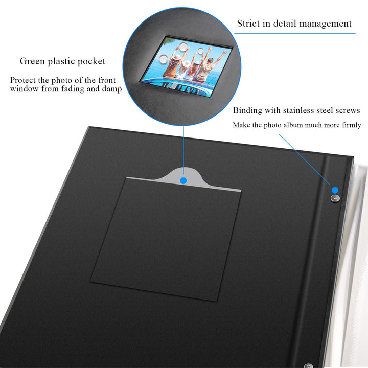 Self-Adhesive Photo Album Leather Cover Sticky 40 Pages DIY Magnetic Scrapbook Family Picture Albums for Christmas Wedding Birthday Travel Baby Gifts Hold 4X6 5X7 6X8 8X10 Photos Book Black