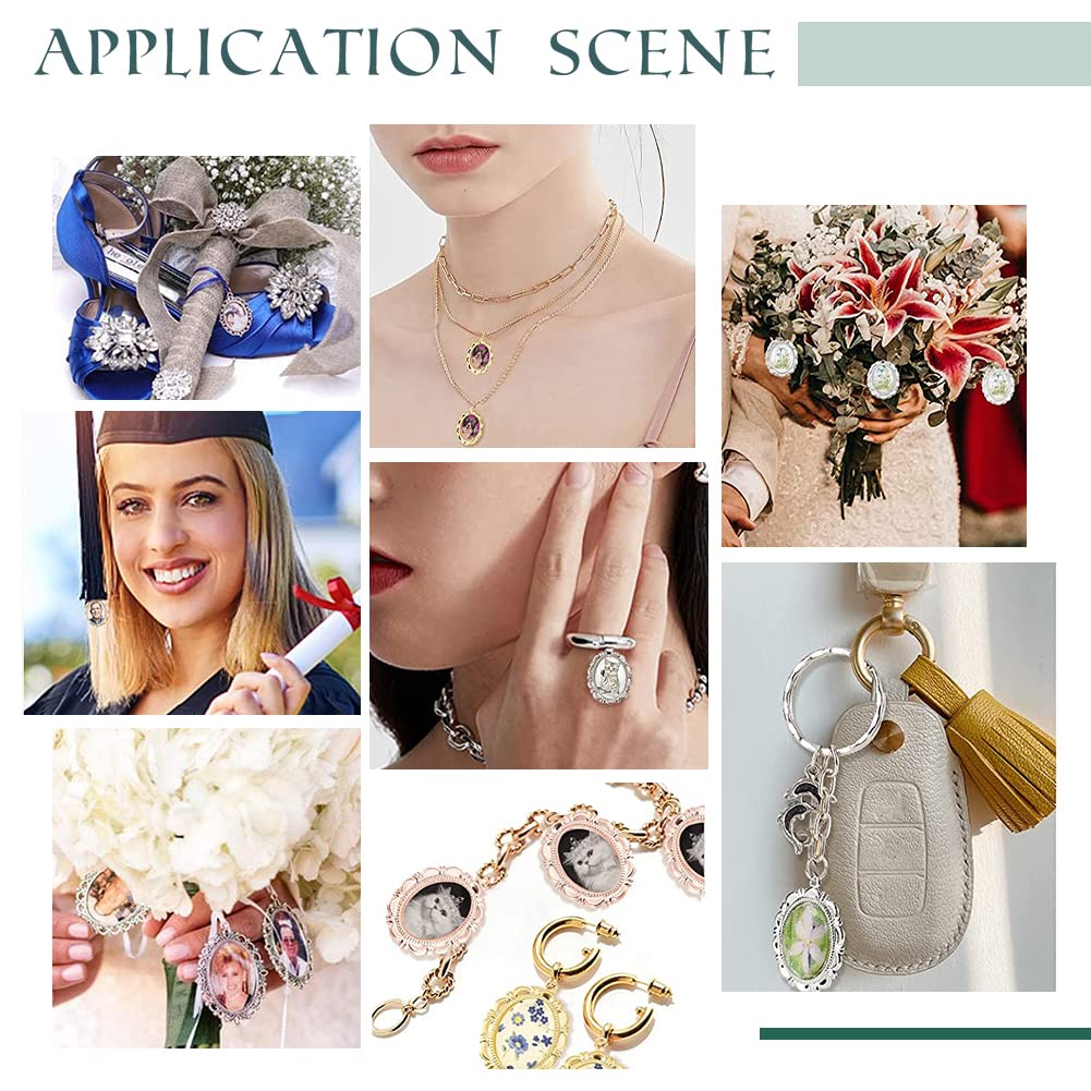 60pcs Pendant Tray Kit, 30pcs 5 Color Oval Pendant Blank Bezel, 30pcs 25 x 18mm Glass Cabochon Dome Tiles Clear Cameo Memorial Photo Pendant for Wedding Bouquet Graduation Photo Charm