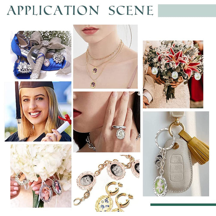 60pcs Pendant Tray Kit, 30pcs 5 Color Oval Pendant Blank Bezel, 30pcs 25 x 18mm Glass Cabochon Dome Tiles Clear Cameo Memorial Photo Pendant for Wedding Bouquet Graduation Photo Charm