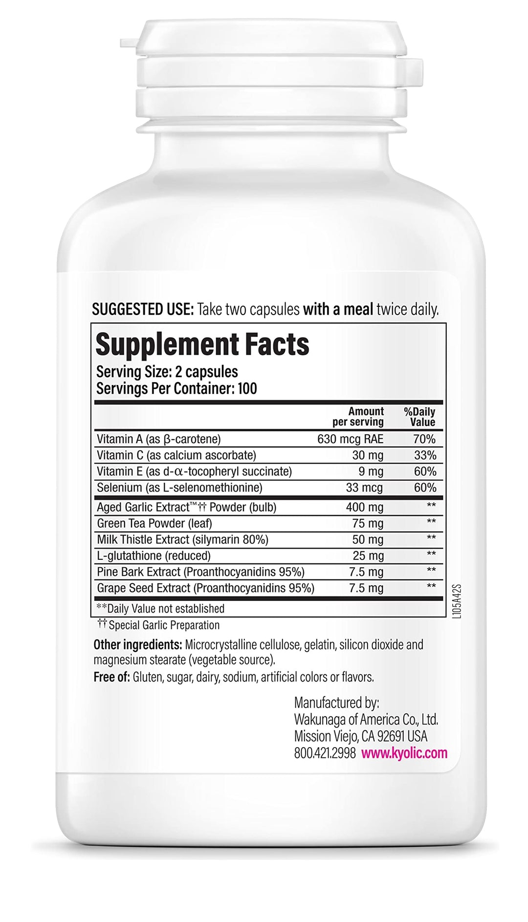 Aged Garlic Extract Formula 105, Detox & Anti-Aging, 200 Capsules (Packaging May Vary)