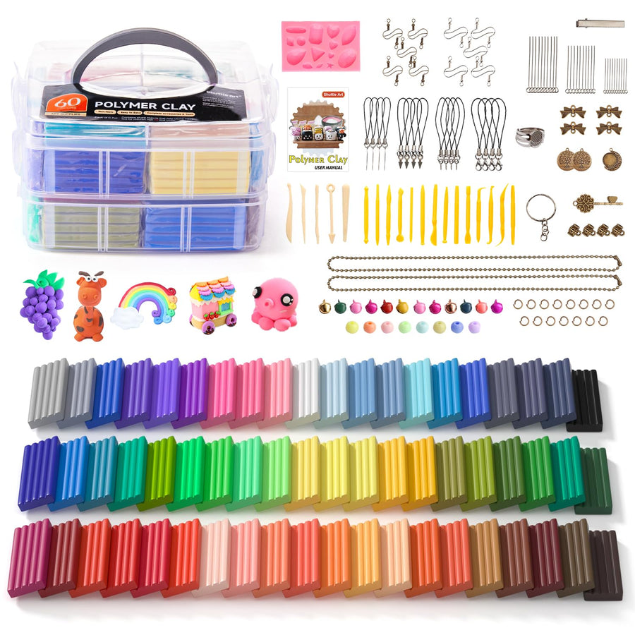 Polymer Clay, 60 Colors Oven Bake Modeling Clay, Creative Clay Kit with 19 Clay Tools and 16 Kinds of Accessories, Non-Toxic, Non-Sticky, Ideal DIY Art Craft Clay Gift for Kids Adults