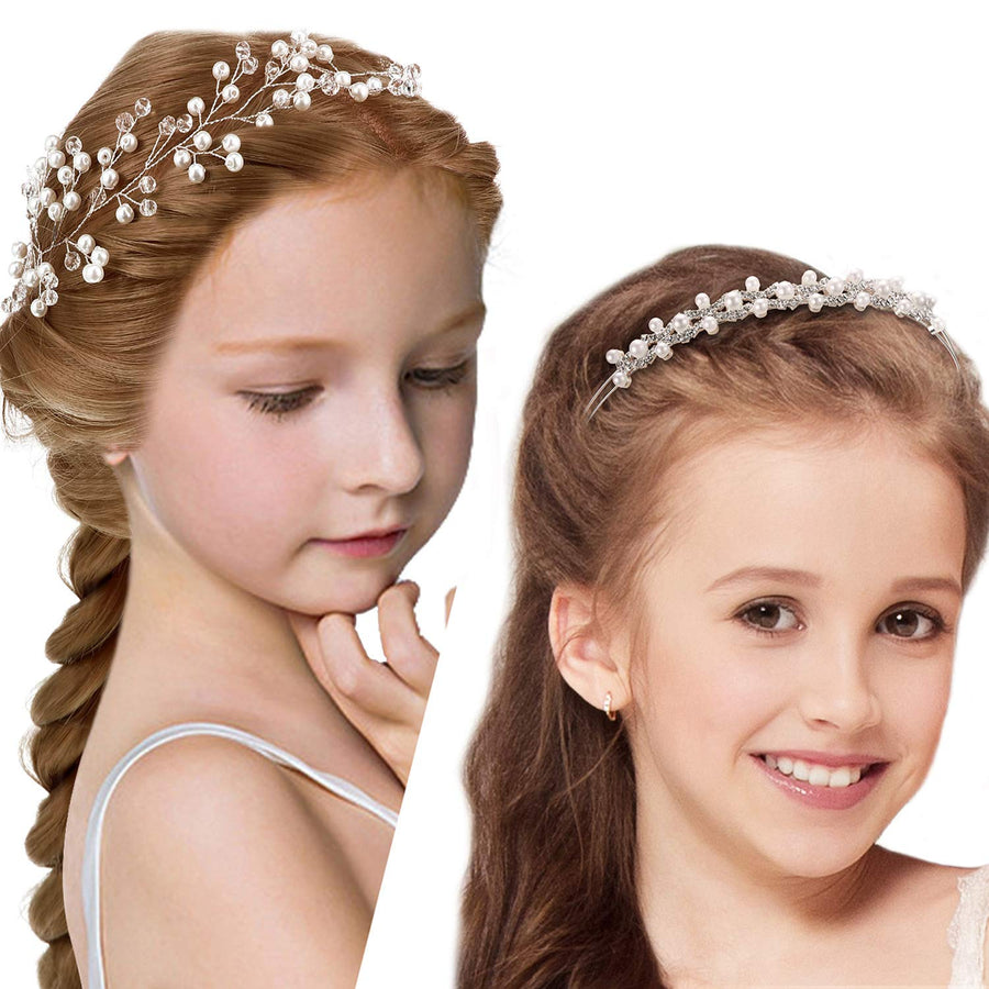 2 Pieces Flower Girls Headpiece Princess Wedding Faux Pearls Rhinestone Headband Bridal Crystal Hairband Tiara for Flower Girls Toddler Crown Wedding Party Hair Accessory
