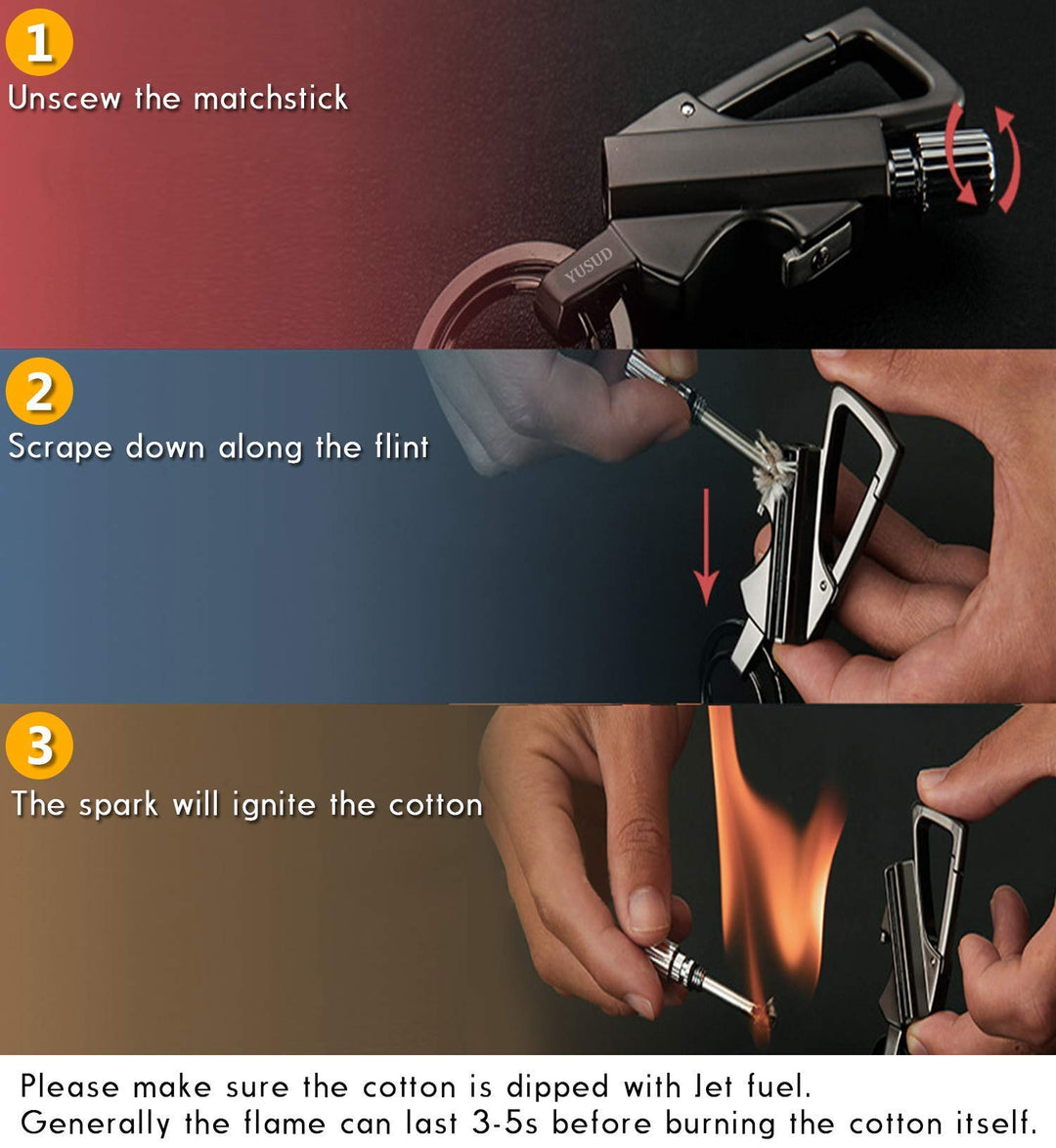 YUSUD Permanent Match, Flint Fire Starter Never Ending Match Keychain Lighter with Bottle Opener, Forever Waterproof Matches Strike Anywhere, Survival Cool Lighters for Camping