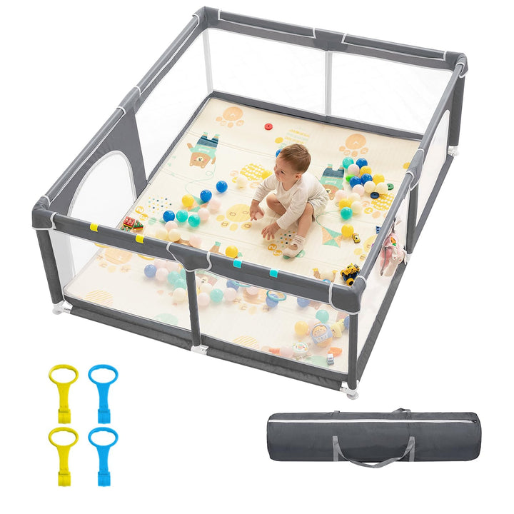 Baby Playpen,71x59 Extra Large Baby Playard, Playpen for Babies with Gate, 0-6 to 12 Months Baby Activity Center, Sturdy Safety Playpen with Soft Mesh,Playpen for Toddlers(Gray)
