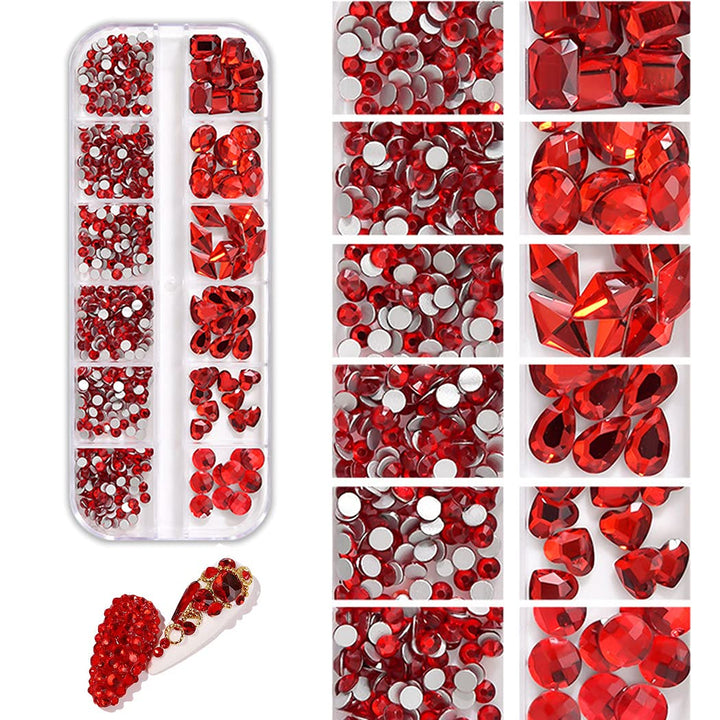 2 Box Flat back Nail Art Rhinestones Crystals For Acrylic Nails Mix-Shape Ab Rhinestones And Red Nails Crystals Nail Rhinestones Fake Diamond Set With Nail Tweezers And Pencils For Women