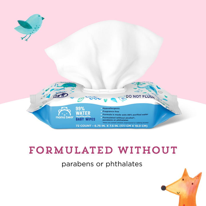 Amazon Brand - 99% Water Based Baby Wipes, Hypoallergenic for Sensitive Skin, Fragrance Free, 432 Count (6 Packs of 72)