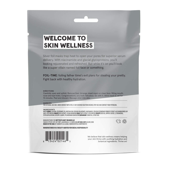 ACURE Foil-Time Fortifying Silver Mask | 100% Vegan | Traps Heat to Open Pores For Superior Serum Delivery | Niacinamide & Glacial Glycoproteins - For Rejuvenated & Refreshed Apprearance | 1 Count