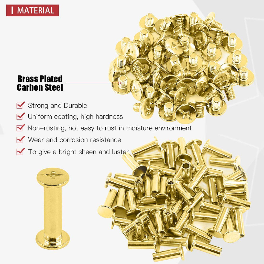 50-Sets M5 Brass Plated Phillips Chicago Screw Posts Binding Screws Assortment Kit for Scrapbook Photo Albums Binding, Leather Repair - Gold (M5 x 20mm-50Sets)