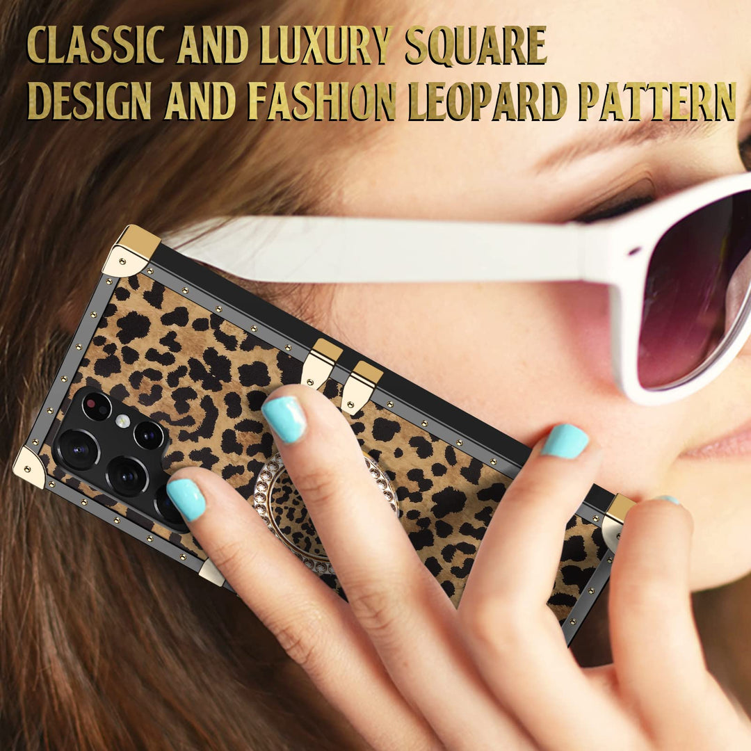 for Galaxy S22 Ultra Square Case with Kickstand Ring Stand Holder Luxury Retro Case for Women Girls Metal Edges Shockproof Protective Cover for Samsung Galaxy S22 Ultra 6.8'' Leopard
