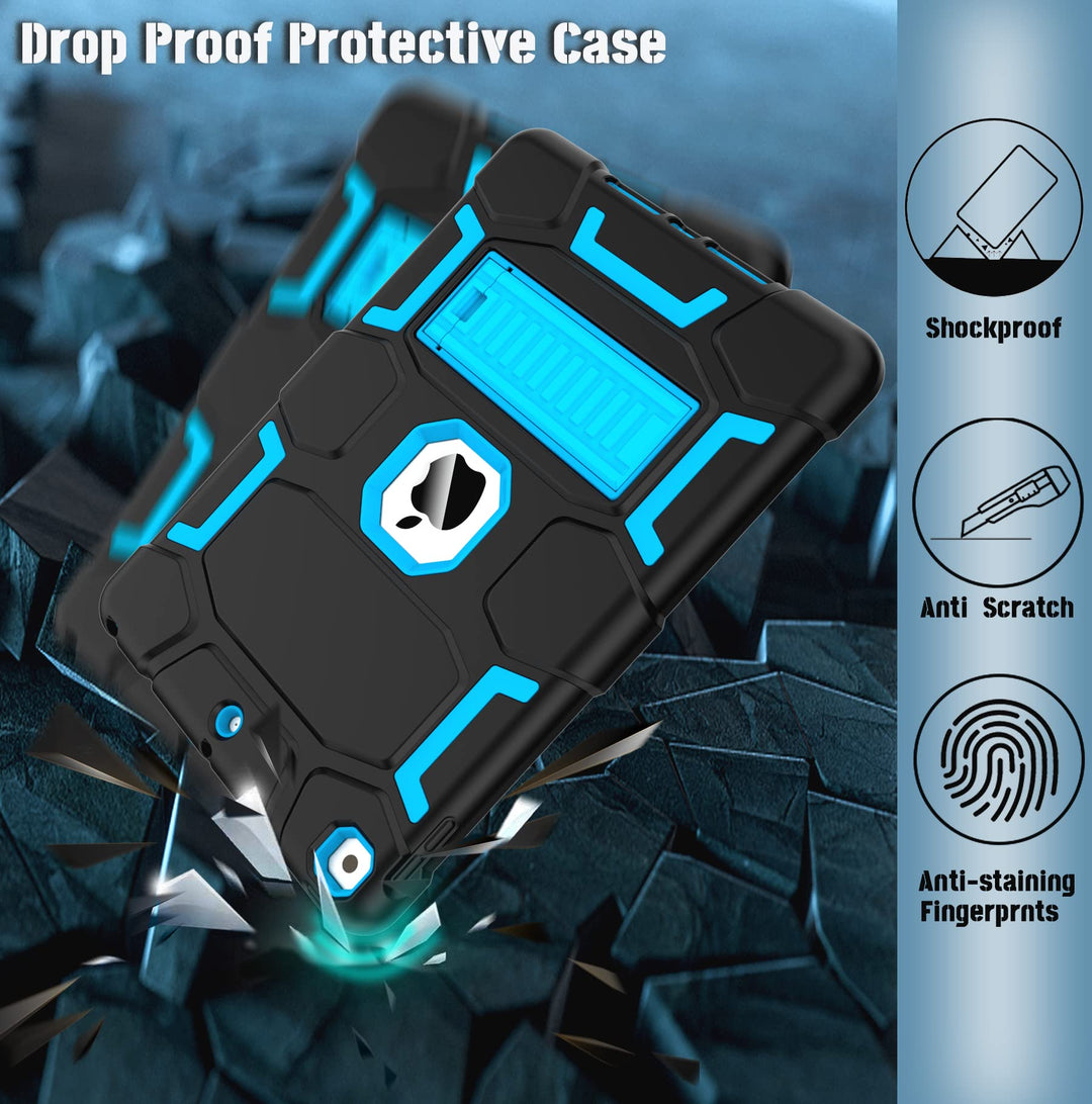 iPad 9th Generation Case, iPad 8th/7th Generation Case, iPad 10.2 2021/2020/2019 Case with Kickstand, Heavy Duty Shockproof Hybrid Three Layer Protective Cover for Kids Boy Girl, Black+Sky Blue