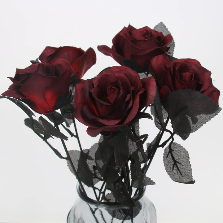 Artificial Roses Bouquet Faux Black Roses Bundles Fake Rose Flowers Realistic Flowers Arrangements Halloween Decor (Black, 5)