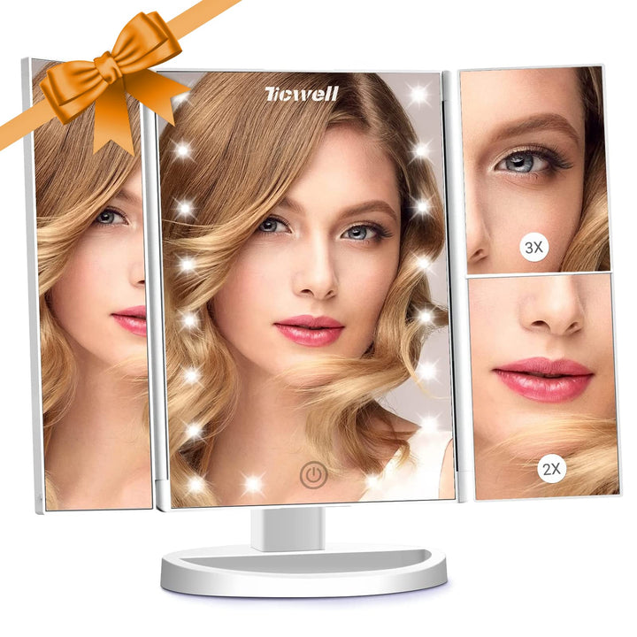 Vanity Mirror Makeup Mirror with Lights, Trifold Makeup Mirror HD 1X 2X 3X Magnification, 21 LED Lights, Touch Control, Dual Power 180°Rotation Portable Beauty Mirror, Gift for Women