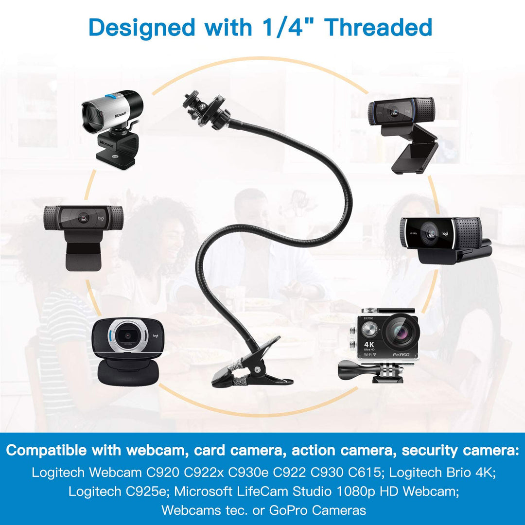 25 Inch Webcam Stand, Flexible Desk Mount Clamp Gooseneck Stand for Logitech Webcam C960 C930e C930 C920 C920S C922x C922 Brio 4K C925e C615 and Other Devices with 1/4 Thread-PIWS01