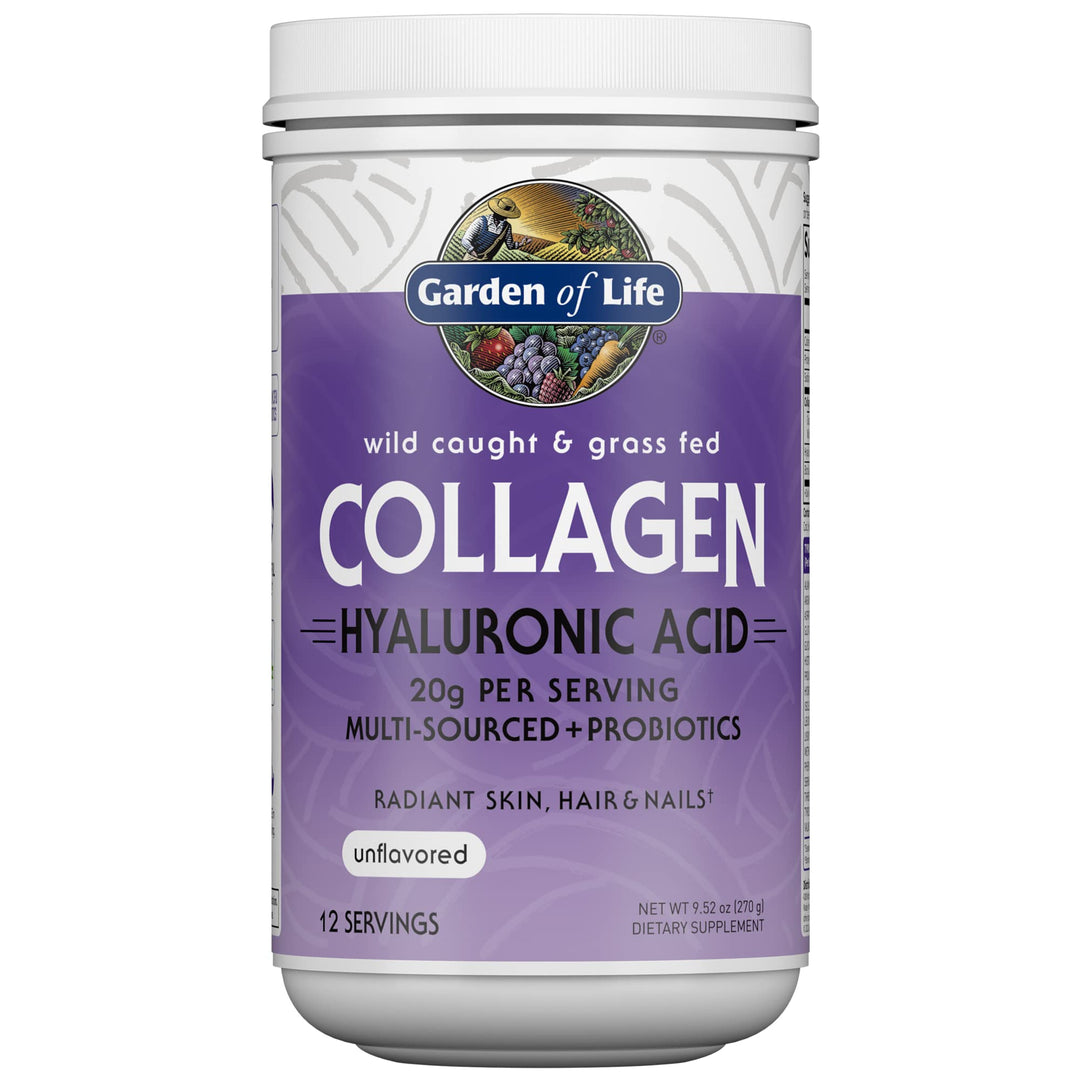 Garden of Life Marine & Grass-Fed Collagen Peptides Powder Supplement (Type I, III) with Probiotics, BCAAs & Hyaluronic Acid for Radiant Hair, Skin & Nails – Unflavored, 20g per Serving, 12 Servings