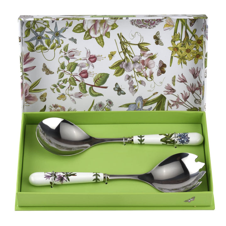 Botanic Garden 10 Salad Servers - Set of 2 | Azalea and African Lily Motifs | Stainless Steel and Porcelain | Chip-Resistant Glaze | Ideal for Family Gatherings and Outdoor Parties