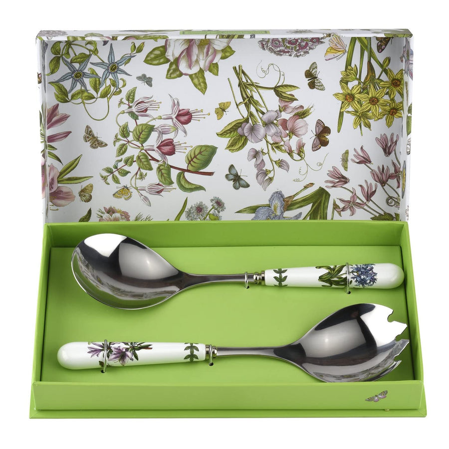 Botanic Garden 10 Salad Servers - Set of 2 | Azalea and African Lily Motifs | Stainless Steel and Porcelain | Chip-Resistant Glaze | Ideal for Family Gatherings and Outdoor Parties