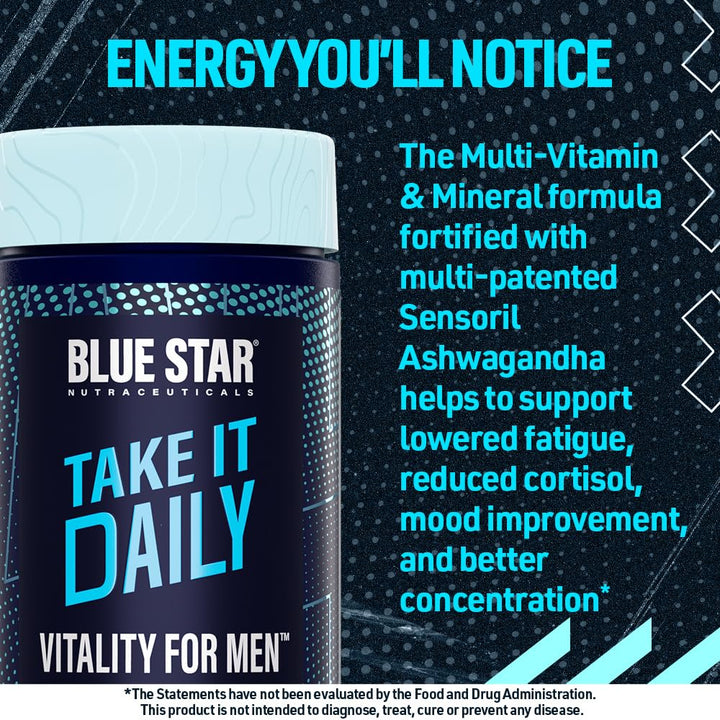 Vitality for Men - Multivitamin & Mineral Formula for Men who Workout, w/Ashwagandha and B-Vitamins - Energy You’ll Notice - 90 Veggie Capsules