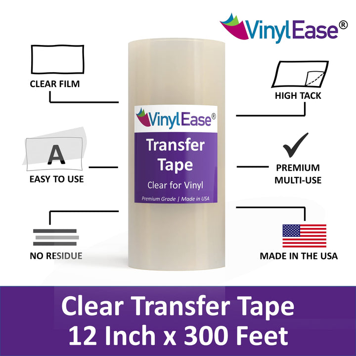 12 inch x 300 feet roll of Clear Vinyl Transfer Tape with a HIGH Tack Layflat Adhesive. American Made Application Tape for Craft Cutters and Sign Makers V0801