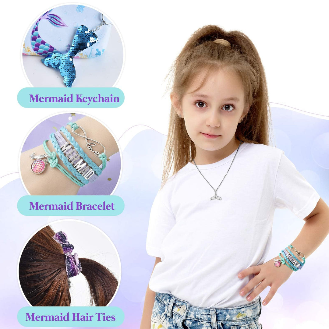 Mermaid Drawstring Backpack - Mermaid Gifts for Girls Birthday Christmas 9 PCS Drawstring Bags Set Including Makeup Zipper Bag Sequin Key-chain Necklace Bracelet Hair Ties