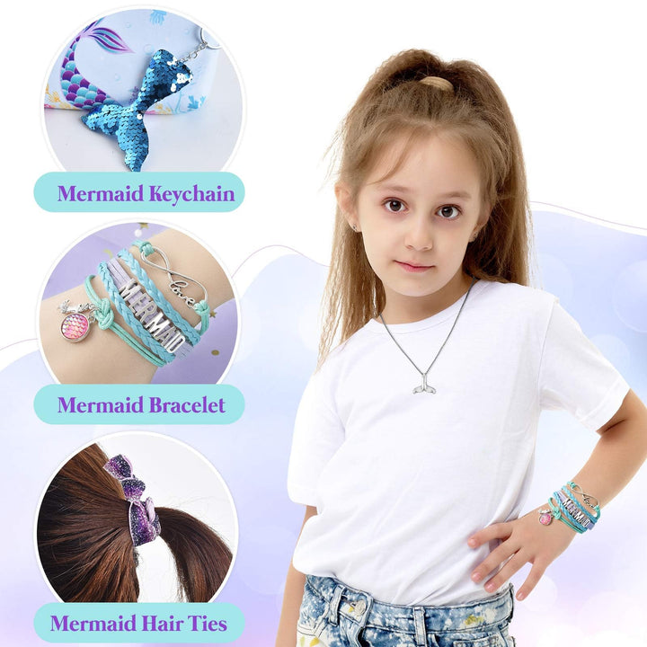 Mermaid Drawstring Backpack - Mermaid Gifts for Girls Birthday Christmas 9 PCS Drawstring Bags Set Including Makeup Zipper Bag Sequin Key-chain Necklace Bracelet Hair Ties