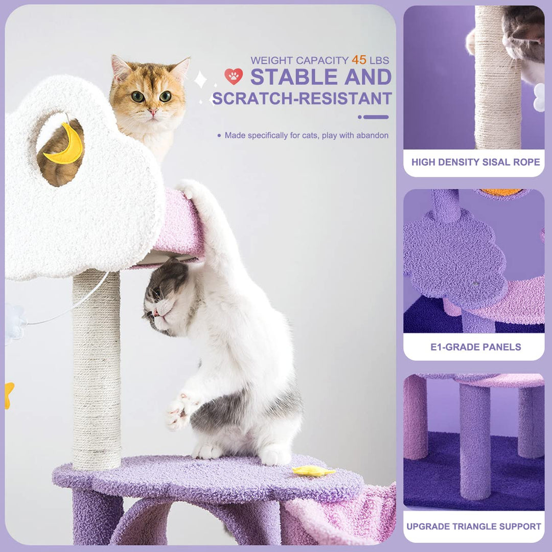 Multi-Level Cat Tower, Cute Purple Cat Tree for Large Cats 67 Inches Cat Condos for Indoor Cats Kitten House with Scratching Posts & Hammock, Pet Cat Castle with Comfortable Plush