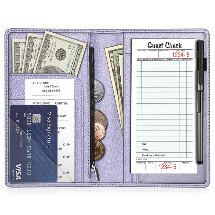 Server Book Organizer with Zipper Pocket, PU Leather Restaurant Guest Check Presenters Card Holder for Waitress, Waiter, Bartender (Lilac Purple)