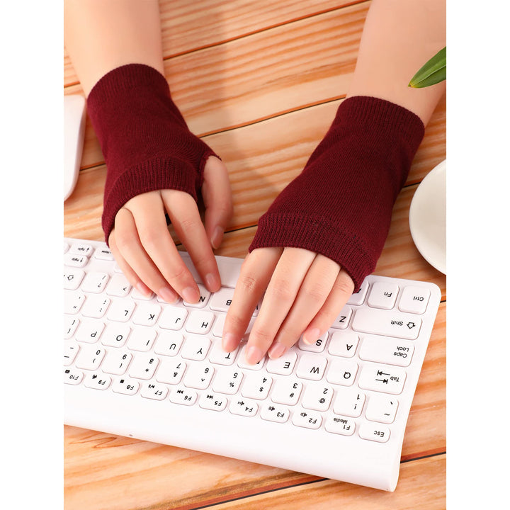 Fingerless Warm Gloves with Thumb Hole Cozy Half Fingerless Driving Gloves Knit Mittens for Men, Women (Black, Wine Red)