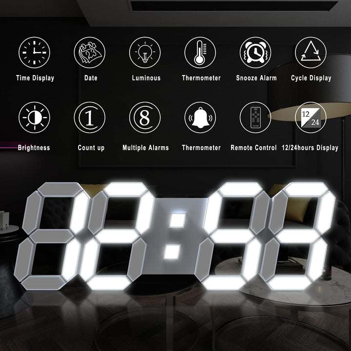 15'' 3D LED Wall Clock with Remote Control 12/24Hr Time/Date Temp Display Nightlight Alarm Digital Clock for Office/Home/Living Room/School (Cool White)