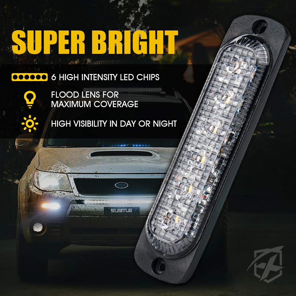 4pcs LED Emergency Strobe Lights,Amber White 6- LED Surface Mount Flashing Strobe Lights, Sync Feature Ultra Slim Grill Lights for Off-Road Vehicles ATV SUV Trucks Cars