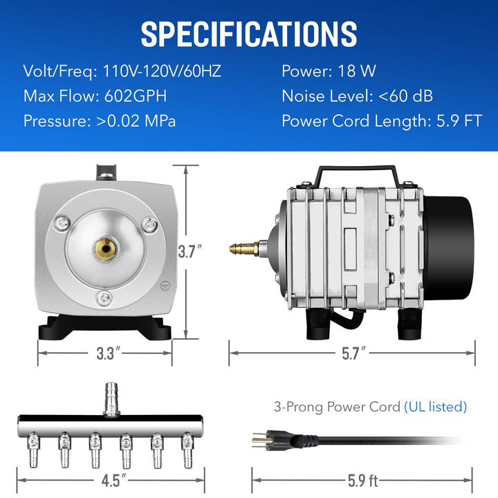 LGPUMPAIR38 602 GPH 18W 38L/min 6 Adjustable Flow Outlets with Airline Tubing 25 Feet for Aquarium, Pond, Hydroponics Systems Air Pump, 1 Pack, Silver