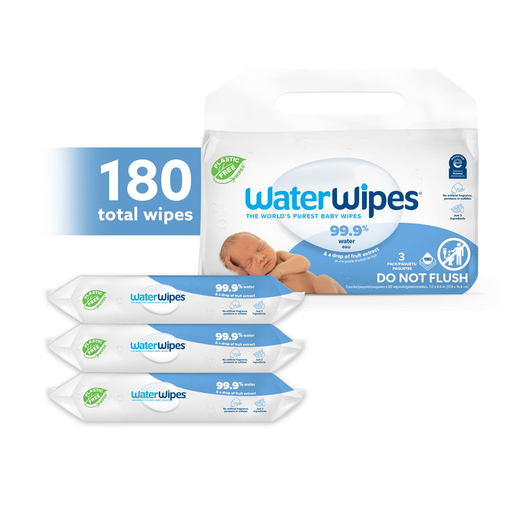 Plastic-Free Original Baby Wipes, 99.9% Water Based Wipes, Unscented & Hypoallergenic for Sensitive Skin, 180 Count (3 packs), Packaging May Vary