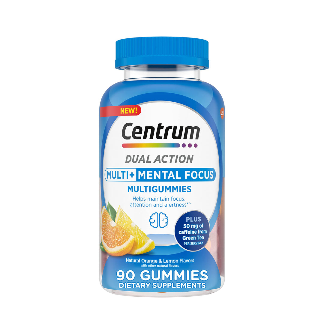 MultiGummies Multi+ Dual Action Mental Focus Adult Multivitamin with Caffeine from Green Tea, Supports Mental Focus, Attention and Alertness, Lemon/Orange Flavors - 90 Count