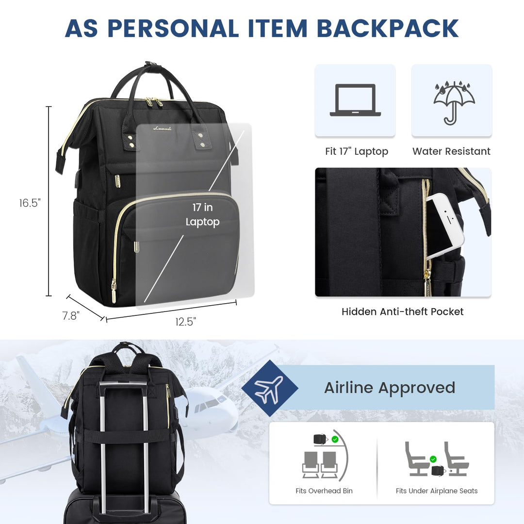 17 inch Laptop Backpack Women, Large Travel Computer Back Pack with USB Charging Port, Anti Theft Backpack for Women Teacher Nurse Work, College Business, Black