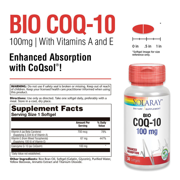 Bio CoQ-10 100 mg | Enhanced Absorption | Vitamins A & E | Healthy Heart & Cellular Energy Support (30 CT)