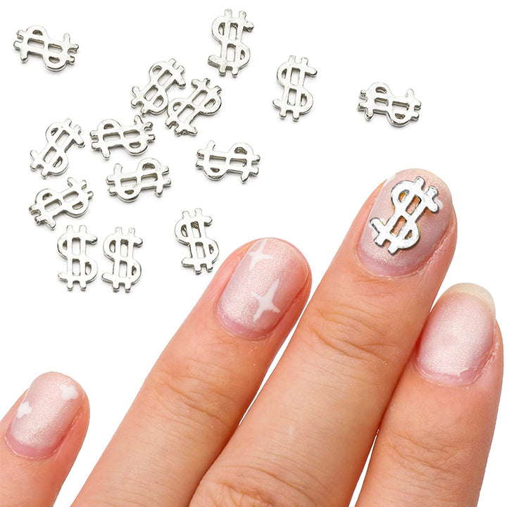 100pieces Luxury 3D Silver Dollar Sign Nail Art Charms Dollar Mark Shape Nail Stickers Jewels Bill Money Design Nail Art Studs Accessories for Women Girls Ladies (0.24inchx0.37inch)