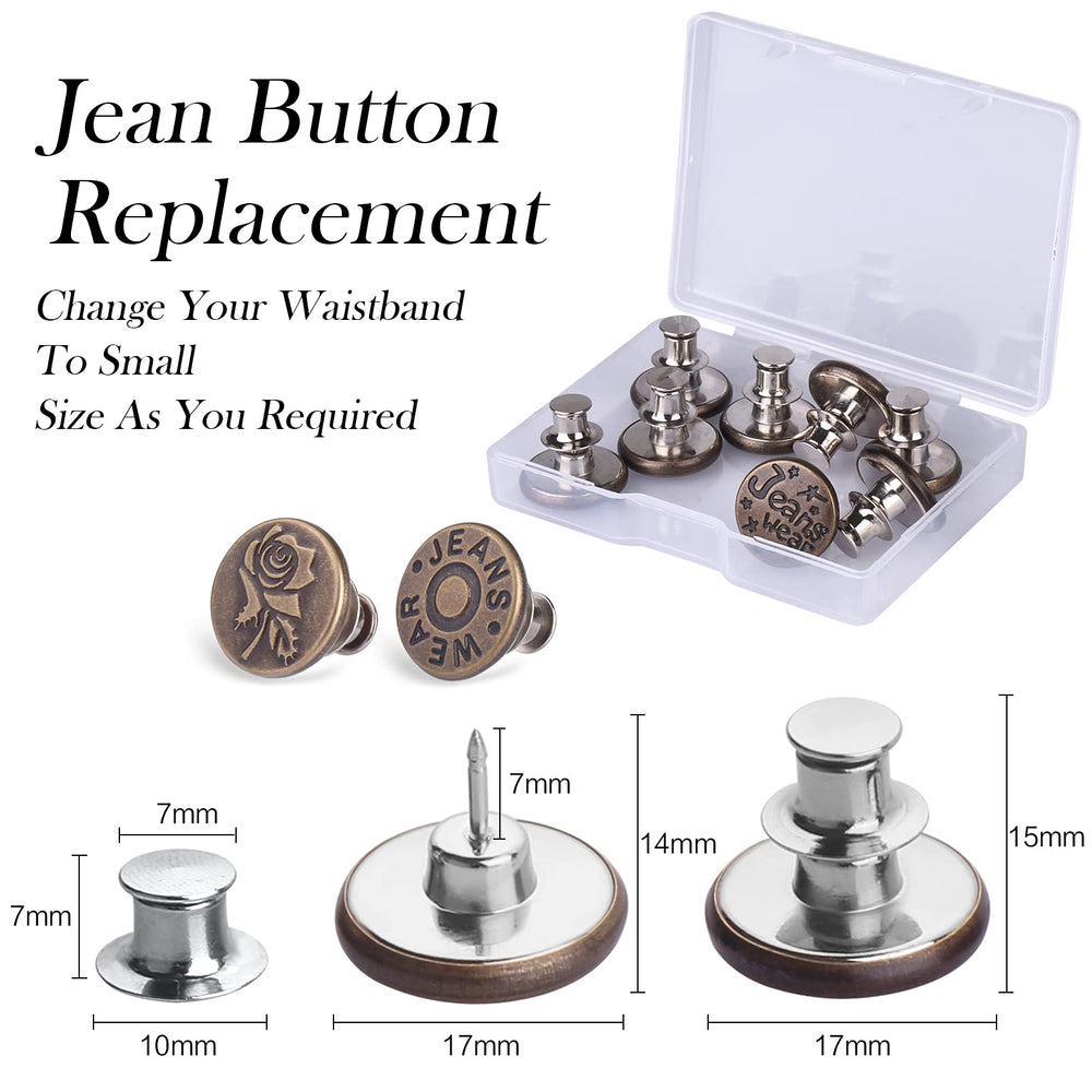 8 Sets Button Pins, Nailing-Free Jean Buttons, 8 Styles Button Pins for Jeans No Sew, Metal Buttons Adds Or Reduces an Inch to Any Pants Waist in Seconds