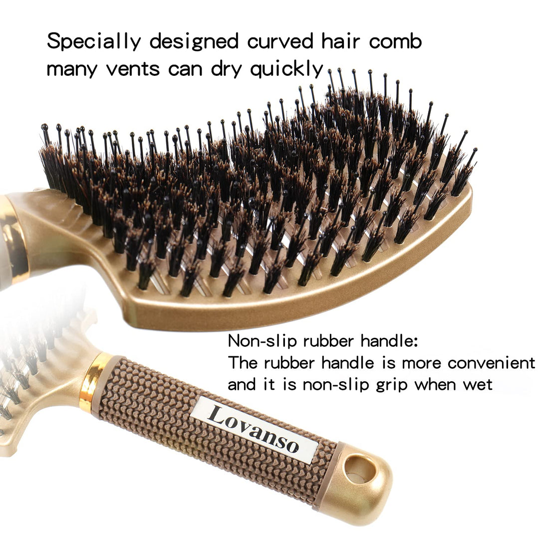 2pcs Boar Bristle Hair Brushes Curved Vented Brush for Long, Thick, Thin, Curly & Tangled Hair Women & Men with Faster Blow Dryer Drying