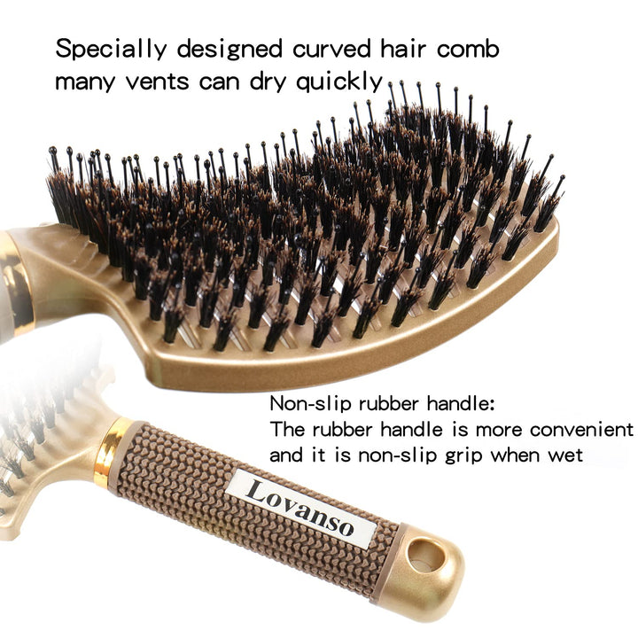 2pcs Boar Bristle Hair Brushes Curved Vented Brush for Long, Thick, Thin, Curly & Tangled Hair Women & Men with Faster Blow Dryer Drying