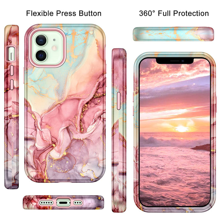 for iPhone 12 Case/iPhone 12 Pro Case, Heavy Duty Three Layer Marble Shockproof Full Body Rugged Hard PC+Soft TPU Bumper Drop Protection Women Girls Cover for iPhone 12/12 Pro, Rose Gold