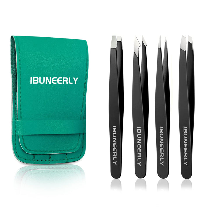 Tweezers Set, 4Pcs Tweezers for Women with Travel Case, Professional Stainless Steel Eyebrows Tweezers, Great Precision Tweezers for Ingrown Hair, Facial Hair, Splinter Removal (Black)
