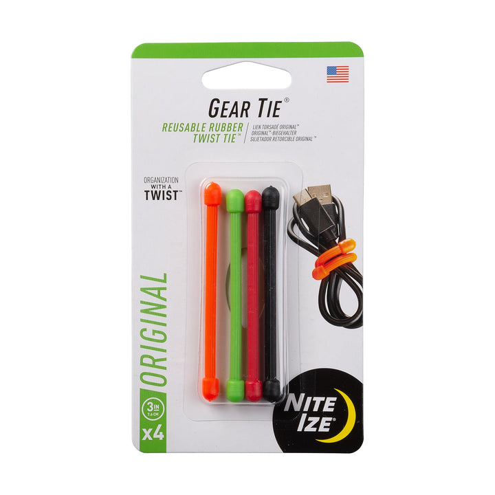 GT3-4PK-A1 Original Gear, Reusable Rubber Twist Tie, Made in The USA, 3-Inch, 3 - 4-Pack, Colors may vary, 4 Count