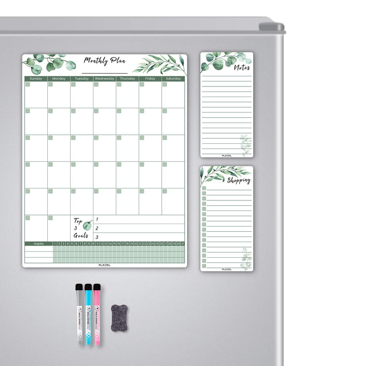 Magnetic Dry Erase Calendar for Fridge, Greenery Monthly Fridge Calendar Whiteboard Set - Vertical Monthly Calendar for Refrigerator, Grocery & to Do List White Board, 3 Markers + Eraser
