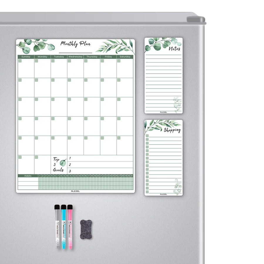 Magnetic Dry Erase Calendar for Fridge, Greenery Monthly Fridge Calendar Whiteboard Set - Vertical Monthly Calendar for Refrigerator, Grocery & to Do List White Board, 3 Markers + Eraser