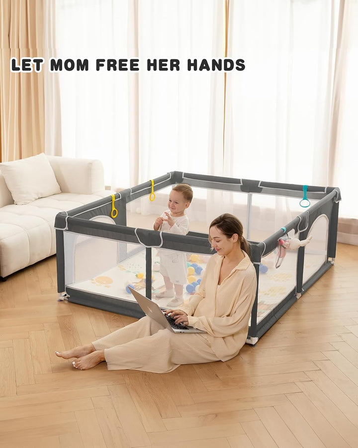 Baby Playpen,71x59 Extra Large Baby Playard, Playpen for Babies with Gate, 0-6 to 12 Months Baby Activity Center, Sturdy Safety Playpen with Soft Mesh,Playpen for Toddlers(Gray)